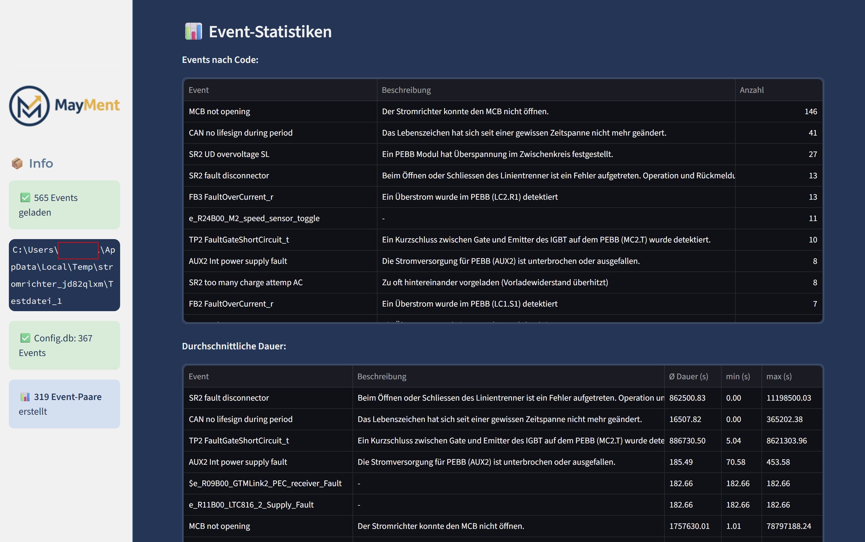 Event-Statistiken – Häufigkeitsanalyse nach Event-Code und Durchschnittliche-Dauer-Tabelle