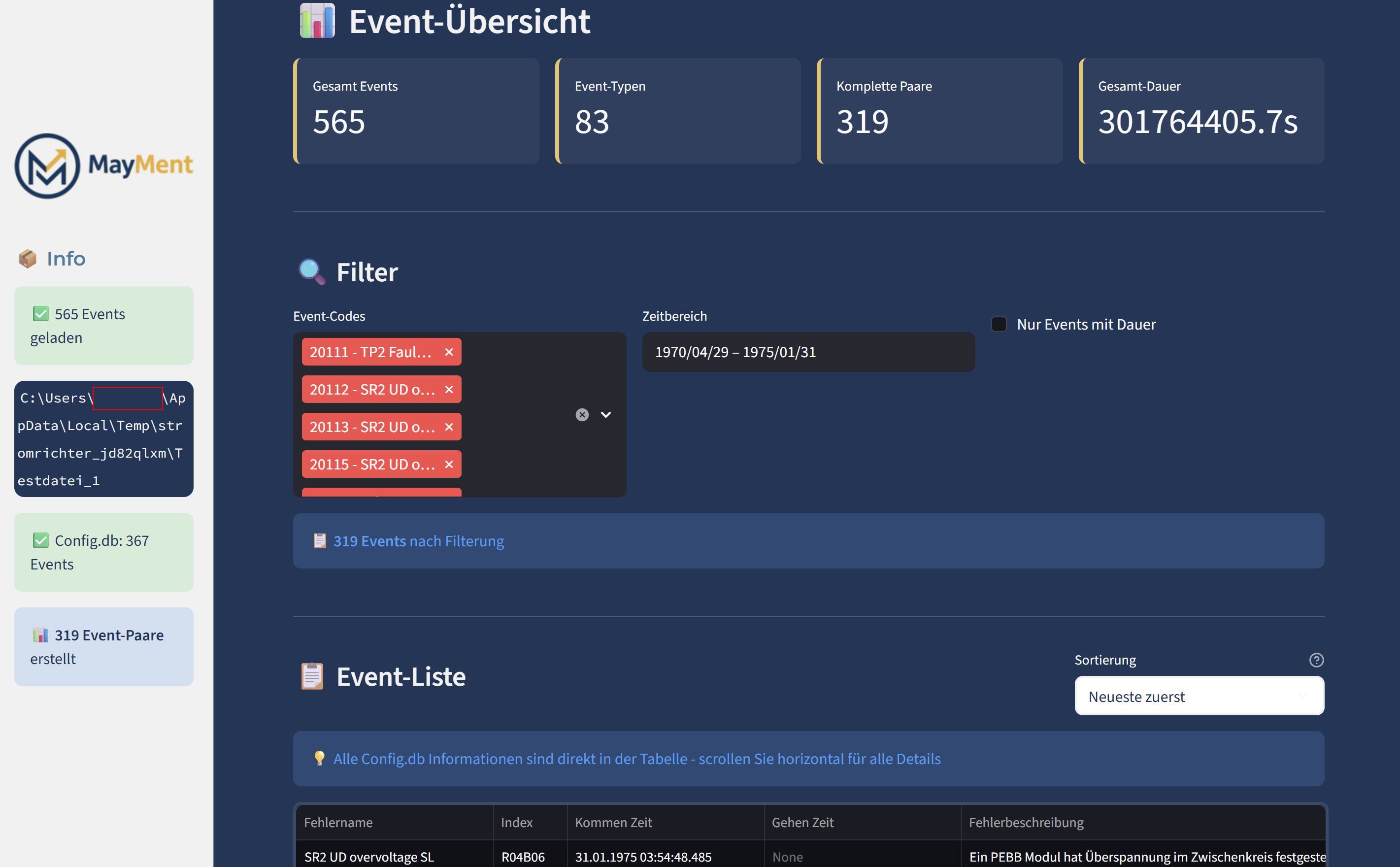 Event-Übersicht – Filter nach Event-Codes und Zeitbereich, Event-Liste mit Fehlerbeschreibung